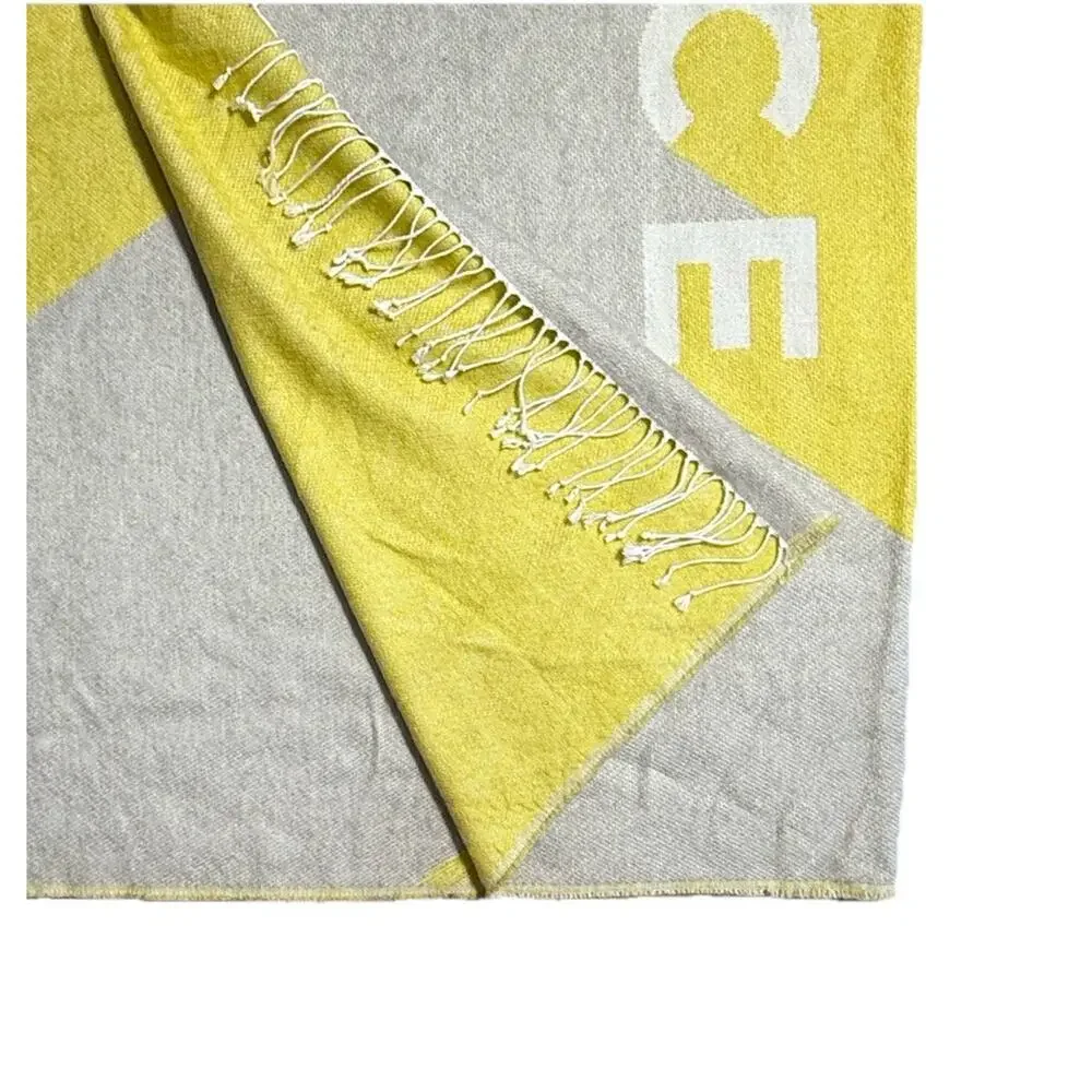 West Elm 'Nice' Throw Blanket Accent Quilt Gray Green-Yellow Fringe Slogan Soft
